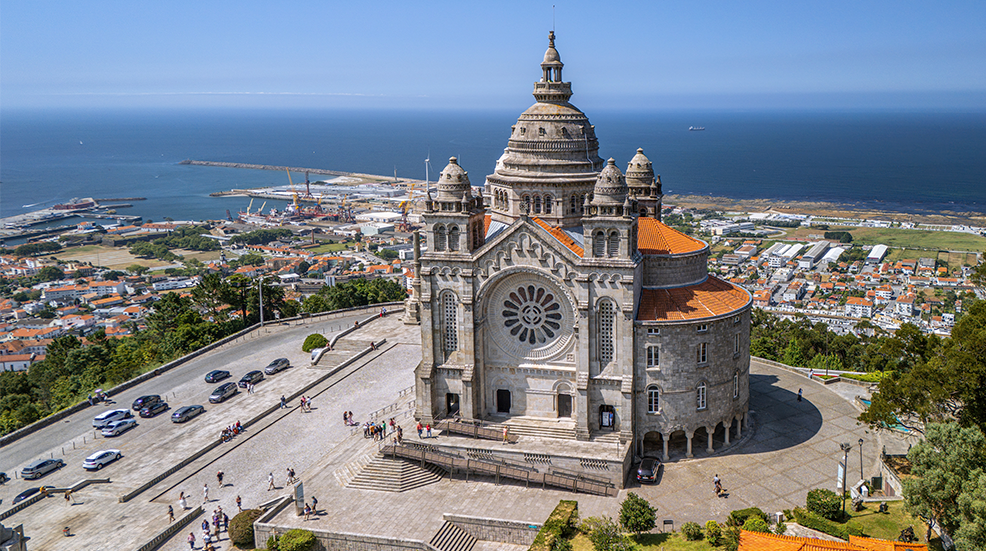 Birds eye shot of Sanctuary of Santa Luzia at Viana do Castelo, Portugal